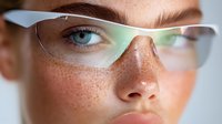 Close up portrait of young woman with freckles wearing protective eyewear with yellow tint, bright blue eyes and natural makeup look against light background.