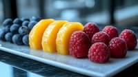 Fresh colorful berries and orange slices arranged in neat rows on white rectangular plate, selective focus with blurred background creates appetizing food composition.