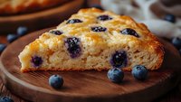 Fresh baked blueberry scone slice on wooden board with scattered berries, showing soft crumbly texture and juicy fruit pieces in golden brown pastry.