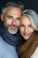Mature attractive couple with gray hair wearing winter scarves smile at camera. Close up portrait shows natural aging and genuine happiness.