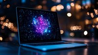 Laptop screen displaying glowing purple and blue network visualization against dark background with bokeh lights, modern technology concept for connectivity.