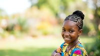Young African girl with braided hair and traditional colorful clothing smiling outdoors in natural garden setting, suitable for diversity, culture, and childhood themes.