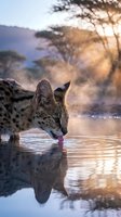 Serval cat drinking water at sunset with golden light and acacia trees in African savanna landscape creating peaceful wildlife moment with reflection.
