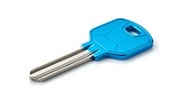 Blue metal key with modern design isolated on white background, symbolizing security, access, and home ownership.