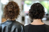 Before and after comparison of curly bob haircut transformation showing back view of natural wavy texture styled in modern short length for salon portfolio.