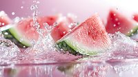 Fresh watermelon slices splashing in crystal clear water with dynamic water drops and reflections against pink background, summer refreshment concept.