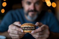 Bearded mature man in blue sweater holding fresh hamburger with sesame bun against blurred bokeh lights background. Food photography for restaurant menu.