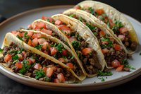 Mexican street tacos with seasoned ground beef, fresh diced tomatoes, chopped cilantro and melted cheese served on corn tortillas on ceramic plate against dark background.