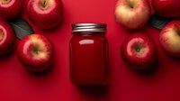 Fresh red apples surrounding glass jar with homemade juice or smoothie on vibrant red background, top view composition for healthy lifestyle and natural drinks.