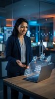 Professional South Asian businesswoman using laptop with holographic digital communication icons in modern office environment for corporate technology presentations.