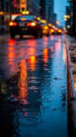 Wet urban street at night with rain puddles reflecting glowing car headlights and city lights, creating a moody atmosphere for evening commute or weather-related design projects.