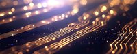 Glowing golden circuit board traces with bokeh light effects on dark background create futuristic technology pattern for digital innovation concepts.
