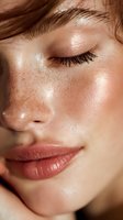Close-up of young woman with freckles, dewy skin, and natural makeup showing glowing complexion for beauty and skincare advertising.