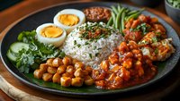 Asian fusion rice bowl with spicy chickpeas, boiled eggs, steamed vegetables, and grilled shrimp in sweet chili sauce garnished with fresh herbs and cucumber slices.
