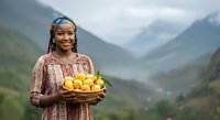 Young woman with South Asian ethnicity wearing traditional pink patterned clothing and blue headwrap holds basket of fresh yellow mangoes in mountain valley landscape.