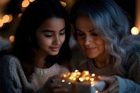Young Hispanic woman and mature woman with gray hair sharing magical moment with glowing gift box, warm bokeh lights creating cozy holiday atmosphere.