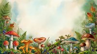 Watercolor illustration of various mushrooms and toadstools with ferns and foliage in earthy tones, suitable for botanical art, nature designs, and woodland-themed projects.