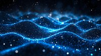 Glowing blue waves of light particles flow through dark space creating dynamic motion effect with sparkles and bokeh for technology backgrounds.