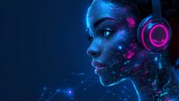 Young African American woman in profile with glowing neon headphones against dark background, digital particles and constellation effects create futuristic cyberpunk atmosphere.