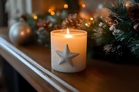 Glowing white candle with silver star decoration against blurred Christmas ornaments and pine branches creates cozy holiday atmosphere on wooden surface.