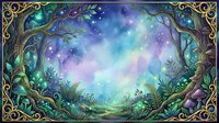 Enchanted forest clearing with glowing magical atmosphere, mystical woodland portal with luminous sky, fantasy landscape with ornate golden frame border, ethereal nature scene for fantasy art, game design, book illustrations, and digital backgrounds.
