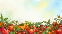 Ripe tomatoes with green foliage arranged in a row against soft watercolor background, suitable for food packaging, recipe blogs, farmers market promotions, and culinary designs.