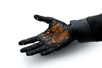 Black robotic arm with glowing orange circuit pattern on palm extends forward against white background, showcasing advanced prosthetic technology.