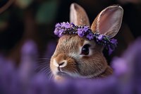Adorable brown bunny wearing purple flower crown against dark background with bokeh effect, close up portrait of rabbit with soft expression and gentle eyes.