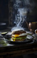 Steaming breakfast burger with runny egg yolk, avocado, and bacon on rustic plate. Moody dark food photography with rising smoke creates dramatic atmosphere.