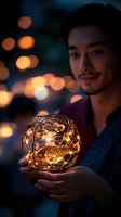 Young Asian man holding illuminated glass sphere with decorative fish and fairy lights against blurred bokeh background at night, creating magical atmosphere.
