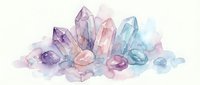 Watercolor crystals and gemstones in pastel purple, pink and blue tones on white background. Spiritual healing stones illustration for wellness design.