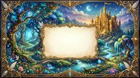 Fantasy landscape frame with magical castle, enchanted forest, and mystical portal surrounding blank parchment space for text or design elements.