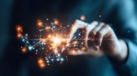 Glowing digital network nodes connecting on dark background with hand touching virtual interface, representing technological advancement and connectivity.