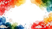Colorful watercolor frame with lanterns, fireworks and cherry blossoms on white background for festive celebrations and traditional holiday designs.