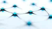 Turquoise blue spherical nodes connected by thin black lines create abstract network pattern on white background, macro photography with selective focus.