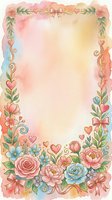 Romantic floral frame with roses, peonies, and hearts on watercolor background. Isolated design element ready for invitations, greeting cards, and decorative projects.