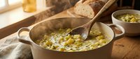 Creamy corn chowder simmering in a white pot with wooden spoon, fresh ingredients and bread visible, comfort food cooking scene.
