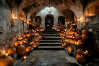 Spooky stone staircase in ancient castle cellar decorated with glowing jack o'lanterns and candles creating mysterious Halloween atmosphere in dark vault.