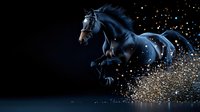 Majestic black stallion galloping through sparkling golden particles against dark background, dramatic lighting highlights muscular form and flowing mane in motion.
