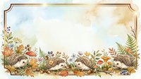 Hedgehogs surrounded by autumn leaves, mushrooms, and wildflowers in watercolor style with decorative border frame, suitable for children's illustrations and seasonal designs.
