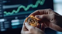 Hand holding golden bitcoin coin against blurred trading chart background with green upward trend line showing cryptocurrency market growth.
