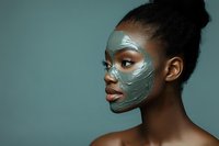 Young African American woman with green clay face mask for skincare routine and spa treatment on mint background.
