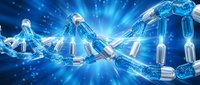 Digital blockchain network with glowing blue chain links and bright light rays representing cryptocurrency technology and secure data connections.