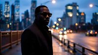 Adult male, African descent, wearing dark sunglasses and black jacket, standing on urban bridge at dusk with illuminated city skyline and bokeh lights in background, conveying confidence and contemporary lifestyle.