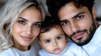 Young multiracial family with blonde mother, middle eastern father and mixed race toddler smiling at camera, close up portrait showing diversity and happiness.