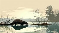 Serene wilderness lake scene with bear drinking water at dawn, misty forest landscape with pine trees and bare branches reflected in calm surface.