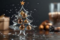 Crystal Christmas tree with golden star and ornaments splashing in water against dark background with festive decorations.