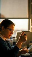 Female scientist in glasses conducting laboratory research with pipette in modern lab during golden hour lighting for scientific publications.