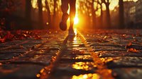 Silhouette of runner legs on wet cobblestone street at golden sunset, dramatic urban scene with sun rays and autumn leaves perfect for fitness and lifestyle blogs.