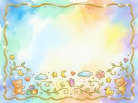 Watercolor pastel gradient background with teddy bears, toys, stars, moons, hearts, and clouds in decorative gold frame border, suitable for baby shower invitations, nursery wall art, and children's greeting cards.